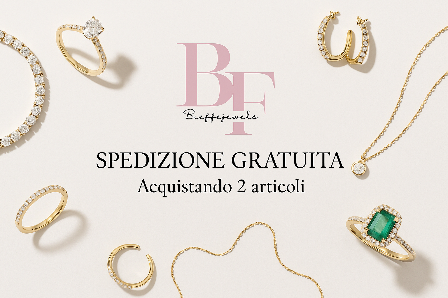 Promotional banner featuring Bieffejewels logo on white background with elegant jewelry